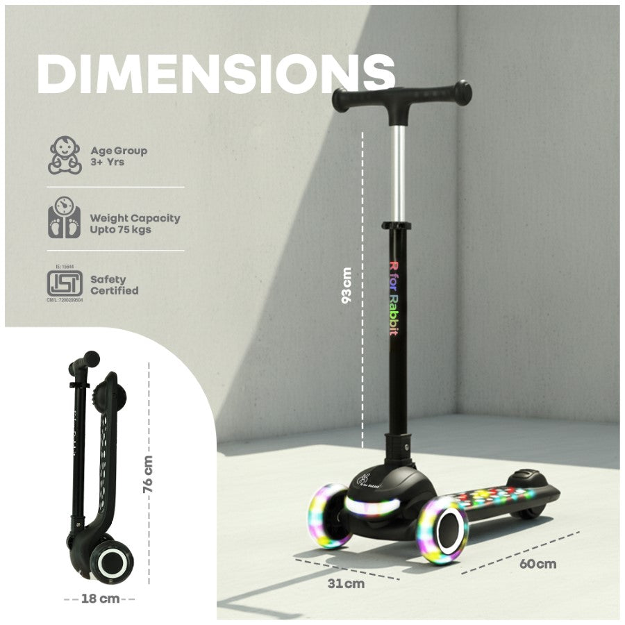 Road Runner Jazz Scooter for Kids With ABEC7 Bearings, LED PU Wheels & Foldable Frame - Pure Black