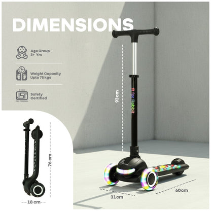 Road Runner Jazz Scooter for Kids With ABEC7 Bearings, LED PU Wheels & Foldable Frame - Pure Black