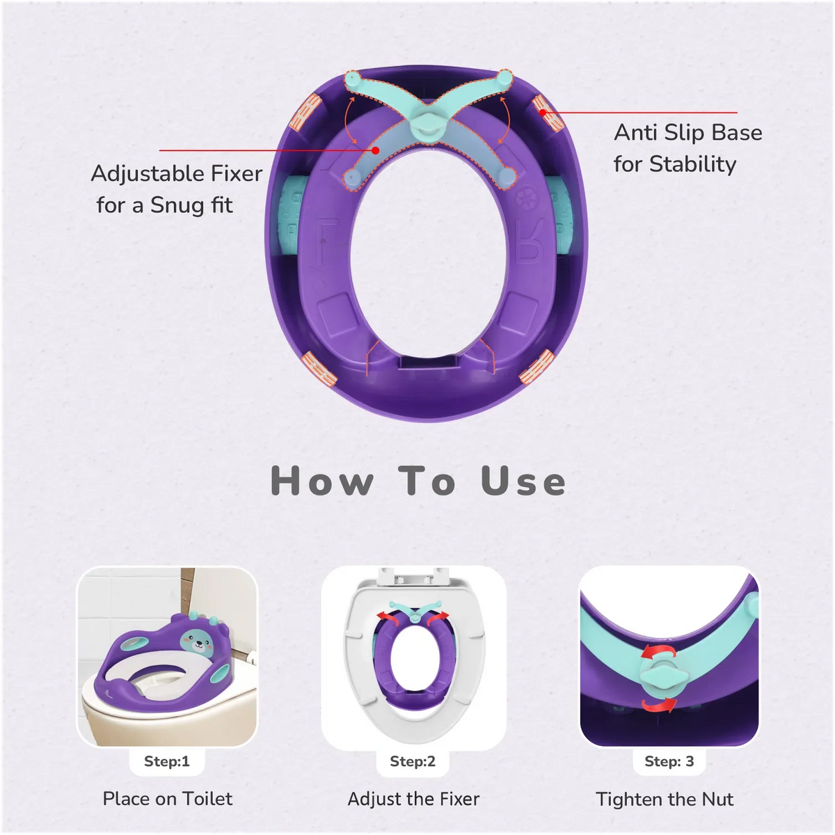 Minimo Teddy Toilet Seats Happy And Comfy Potty Training Seat For Baby - Purple Green