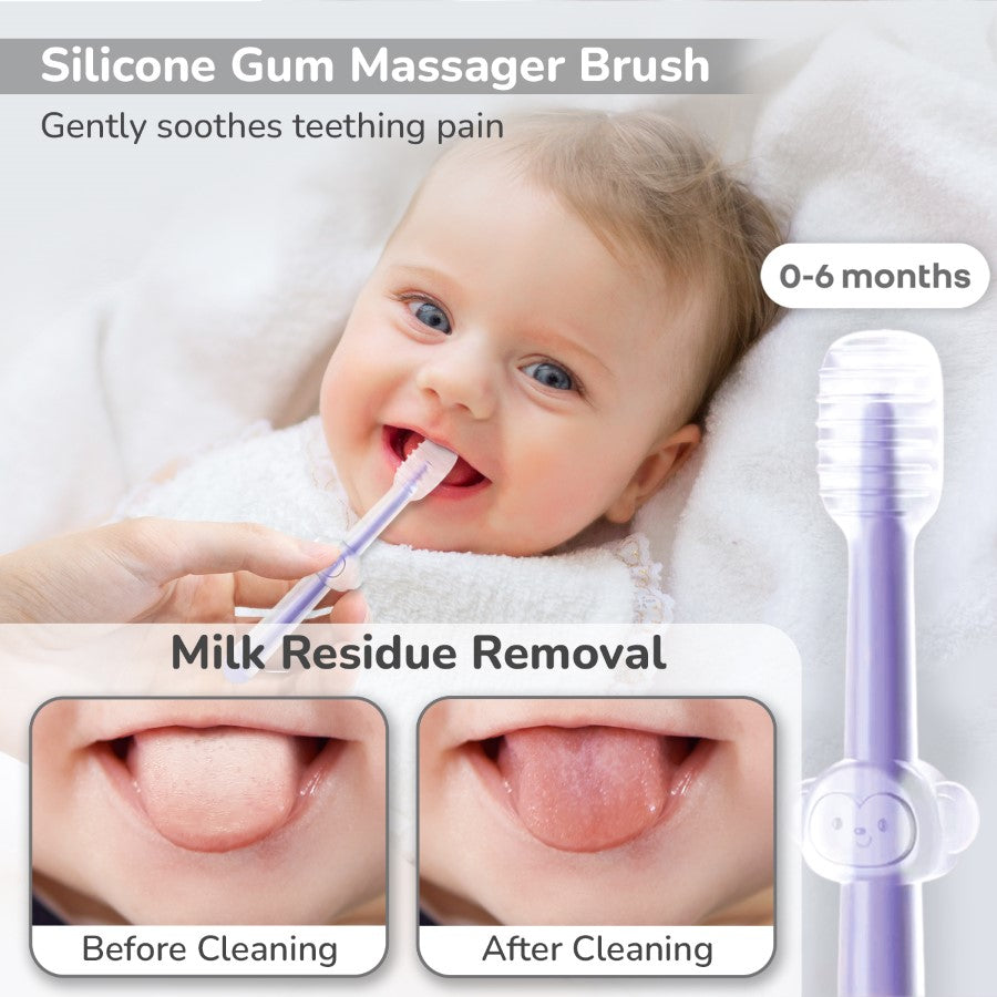 Tiny Smiles Pixie 3-in-1 Baby Toothbrush Set, BPA-Free Silicone, Gum Massager, U-Shaped & Toddler Brush - Purple