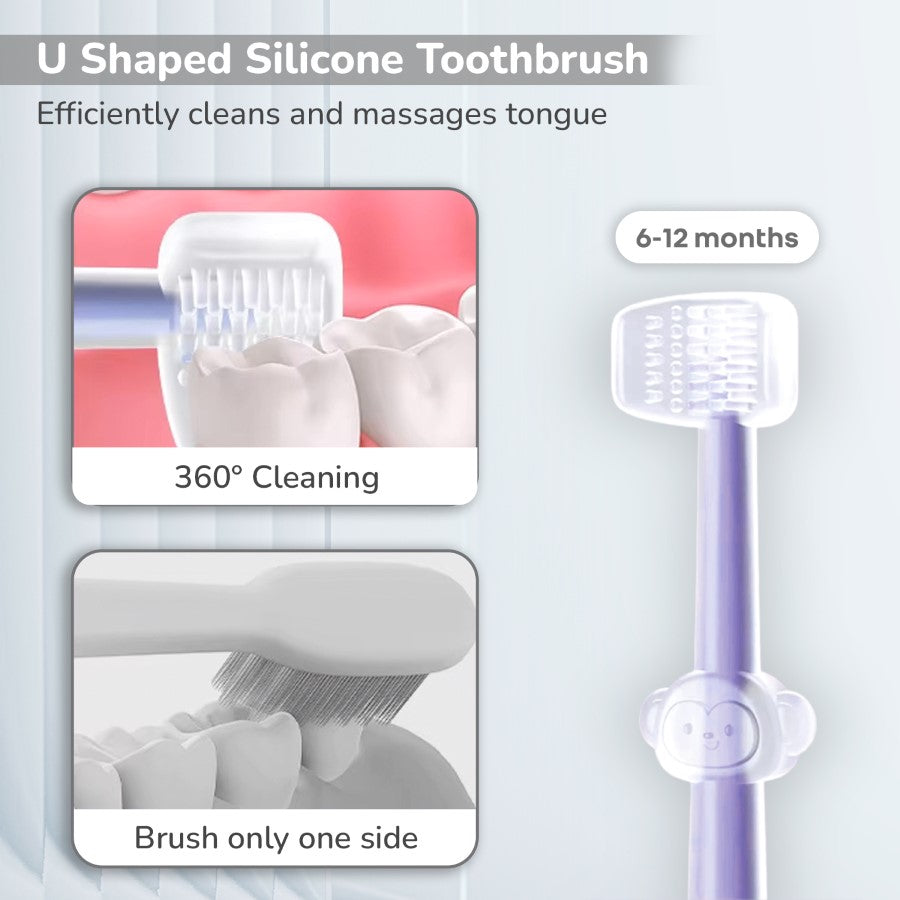 Tiny Smiles Pixie 3-in-1 Baby Toothbrush Set, BPA-Free Silicone, Gum Massager, U-Shaped & Toddler Brush - Purple