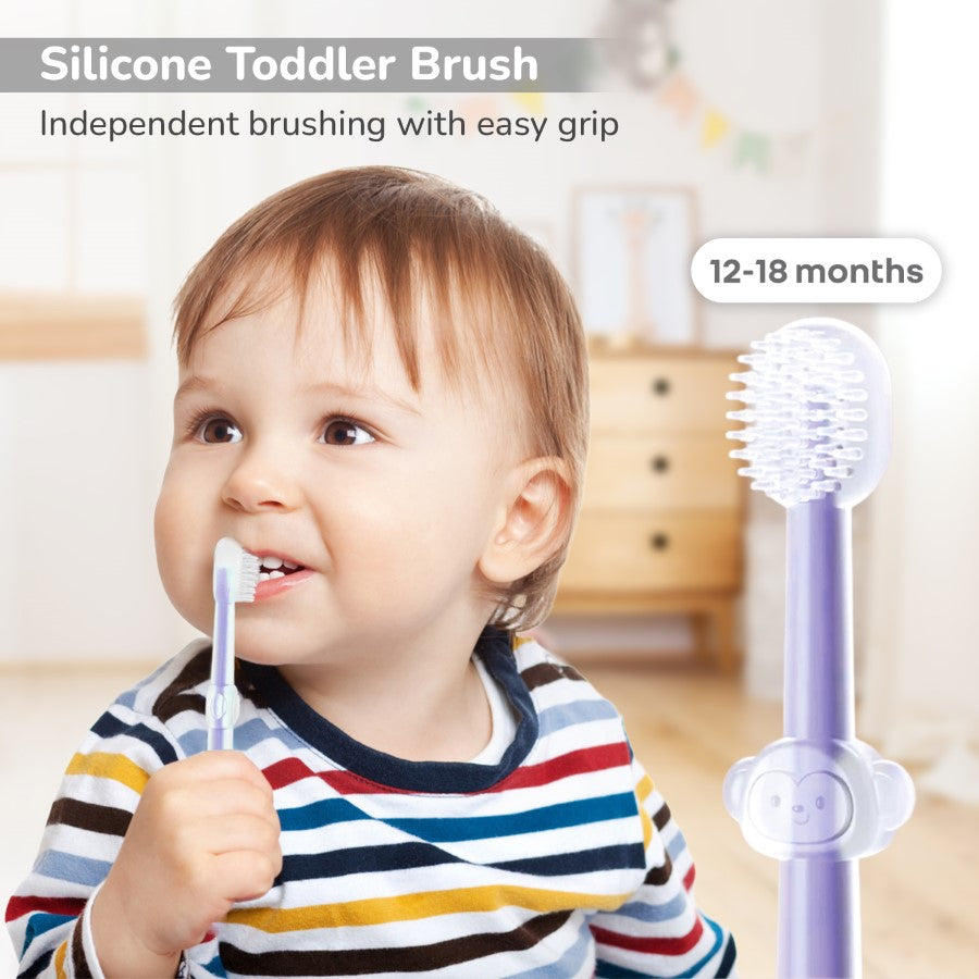 Tiny Smiles Pixie 3-in-1 Baby Toothbrush Set, BPA-Free Silicone, Gum Massager, U-Shaped & Toddler Brush - Purple