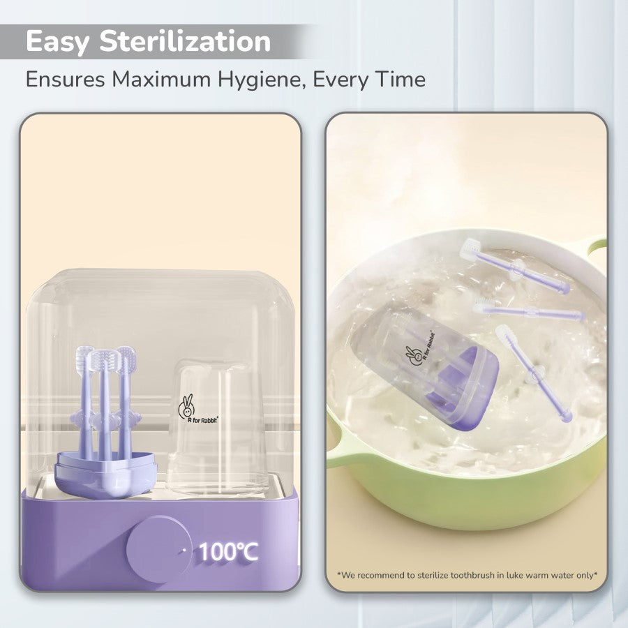 Tiny Smiles Pixie 3-in-1 Baby Toothbrush Set, BPA-Free Silicone, Gum Massager, U-Shaped & Toddler Brush - Purple
