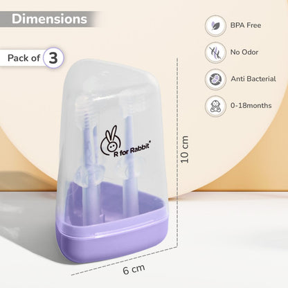 Tiny Smiles Pixie 3-in-1 Baby Toothbrush Set, BPA-Free Silicone, Gum Massager, U-Shaped & Toddler Brush - Purple