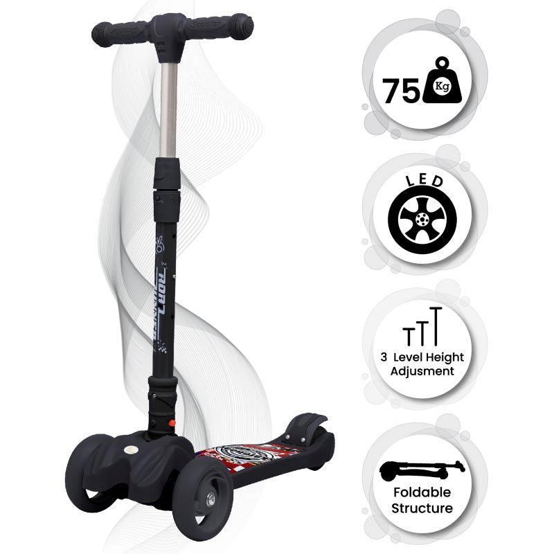 Road Runner Scooter For Kids - PU LED Wheels, 4 Level Height Adjustment, Anti Slip Deck, Safety Certified, 3-Wheel scooter, Easy use, 3-7years - Black