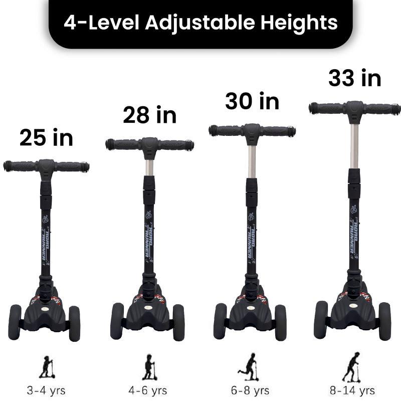 Road Runner Scooter For Kids - PU LED Wheels, 4 Level Height Adjustment, Anti Slip Deck, Safety Certified, 3-Wheel scooter, Easy use, 3-7years - Black