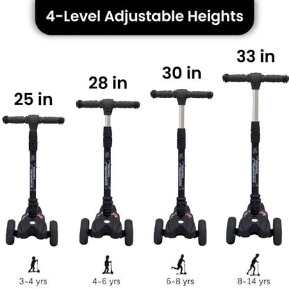 Road Runner Scooter For Kids - PU LED Wheels, 4 Level Height Adjustment, Anti Slip Deck, Safety Certified, 3-Wheel scooter, Easy use, 3-7years - Black