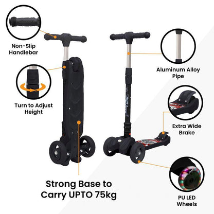 Road Runner Scooter For Kids - PU LED Wheels, 4 Level Height Adjustment, Anti Slip Deck, Safety Certified, 3-Wheel scooter, Easy use, 3-7years - Black