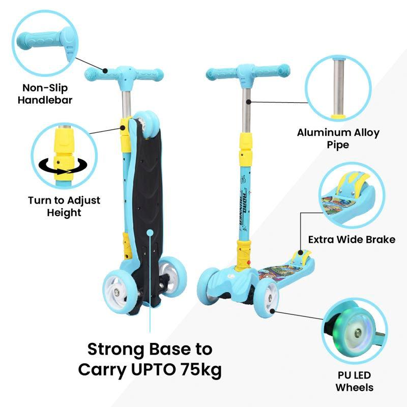 Road Runner Scooter For Kids - PU LED Wheels, 4 Level Height Adjustment, Anti Slip Deck, Safety Certified, 3-Wheel scooter, Easy use, 3-7years - Blue