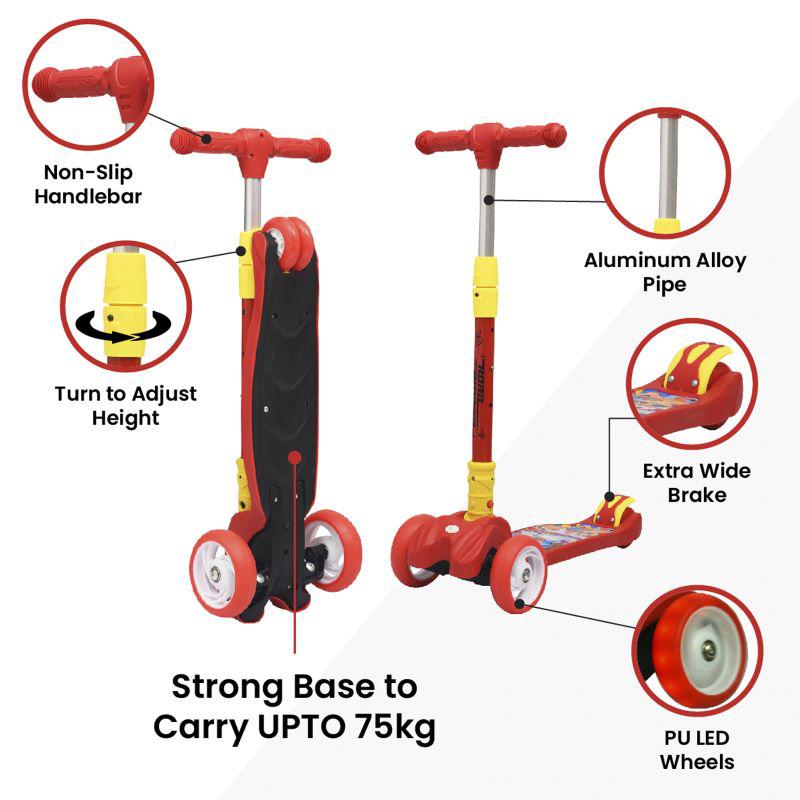 Road Runner Scooter For Kids - PU LED Wheels, 4 Level Height Adjustment, Anti Slip Deck, Safety Certified, 3-Wheel scooter, Easy use, 3-7years - Black