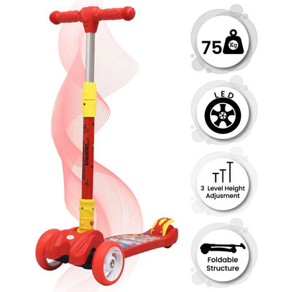 Road Runner Scooter For Kids - PU LED Wheels, 4 Level Height Adjustment, Anti Slip Deck, Safety Certified, 3-Wheel scooter, Easy use, 3-7years - Red