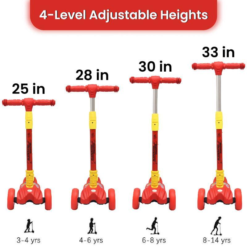 Road Runner Scooter For Kids - PU LED Wheels, 4 Level Height Adjustment, Anti Slip Deck, Safety Certified, 3-Wheel scooter, Easy use, 3-7years - Red