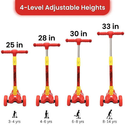 Road Runner Scooter For Kids - PU LED Wheels, 4 Level Height Adjustment, Anti Slip Deck, Safety Certified, 3-Wheel scooter, Easy use, 3-7years - Red