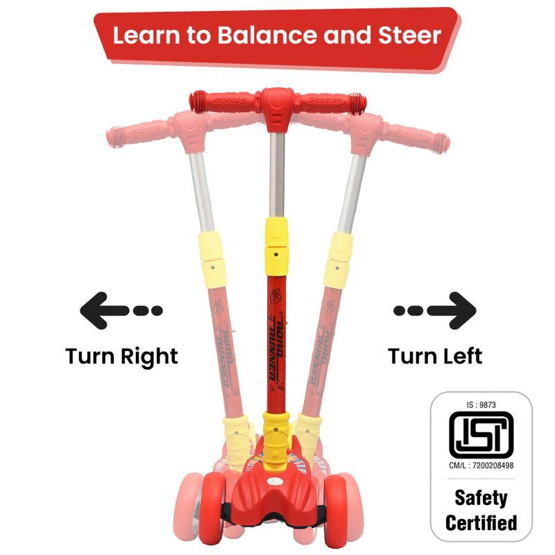 Road Runner Scooter For Kids - PU LED Wheels, 4 Level Height Adjustment, Anti Slip Deck, Safety Certified, 3-Wheel scooter, Easy use, 3-7years - Red