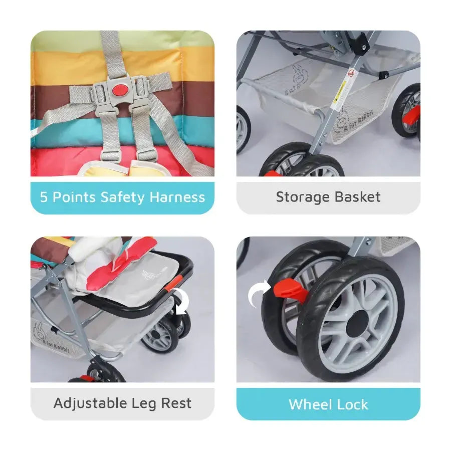 Lollipop Lite Stroller Travel Friendly, Easy To Fold, Reversible Handle, Wheel Lock, Adjustable Leg Rest - Rainbow