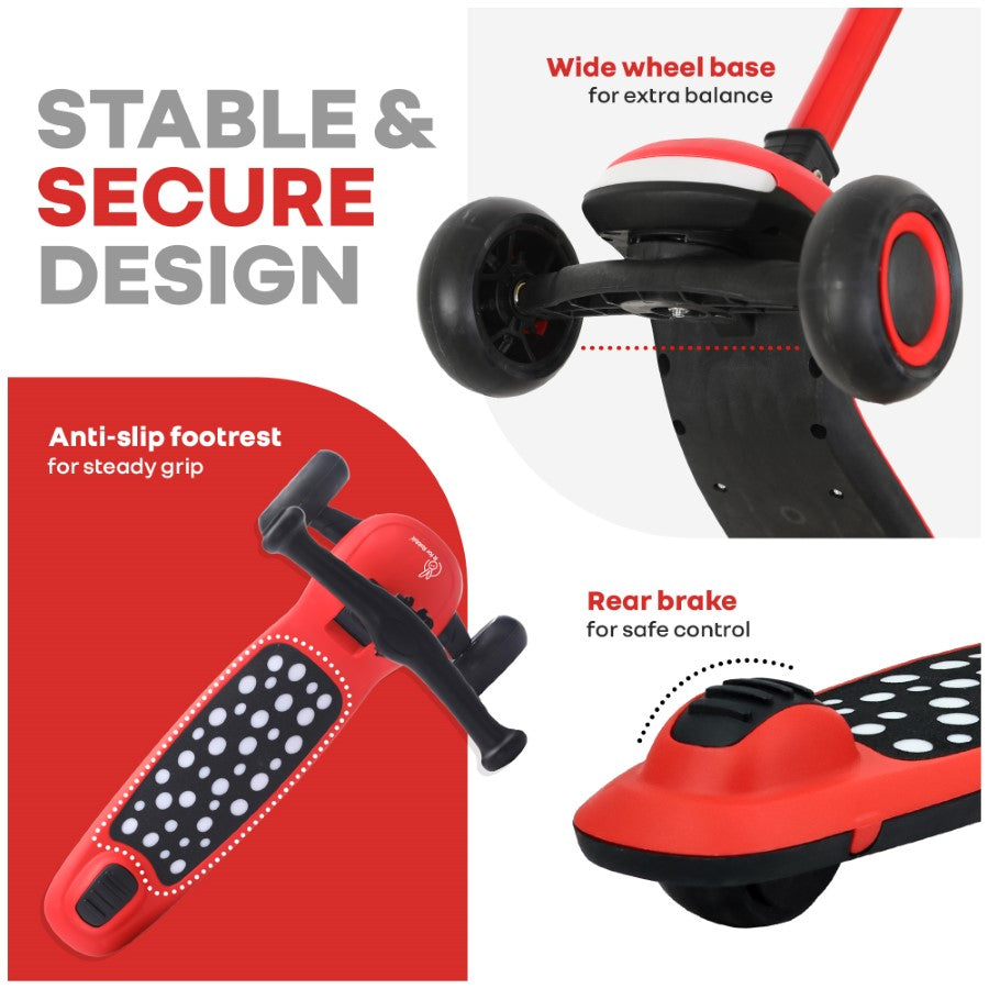 Road Runner Jazz Scooter for Kids With ABEC7 Bearings, LED PU Wheels & Foldable Frame - Red Black