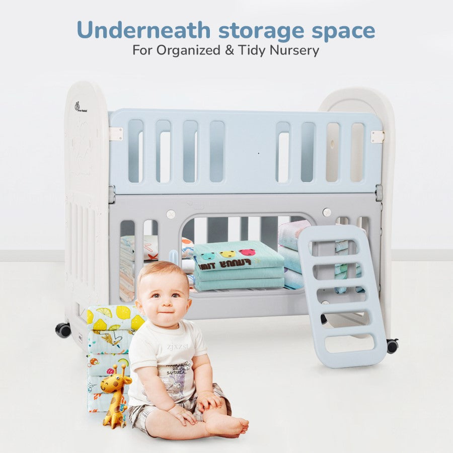 Dream N Play Plus Baby Cot 3-in-1 Multipurpose and Plug N Play Installation - Grey Blue