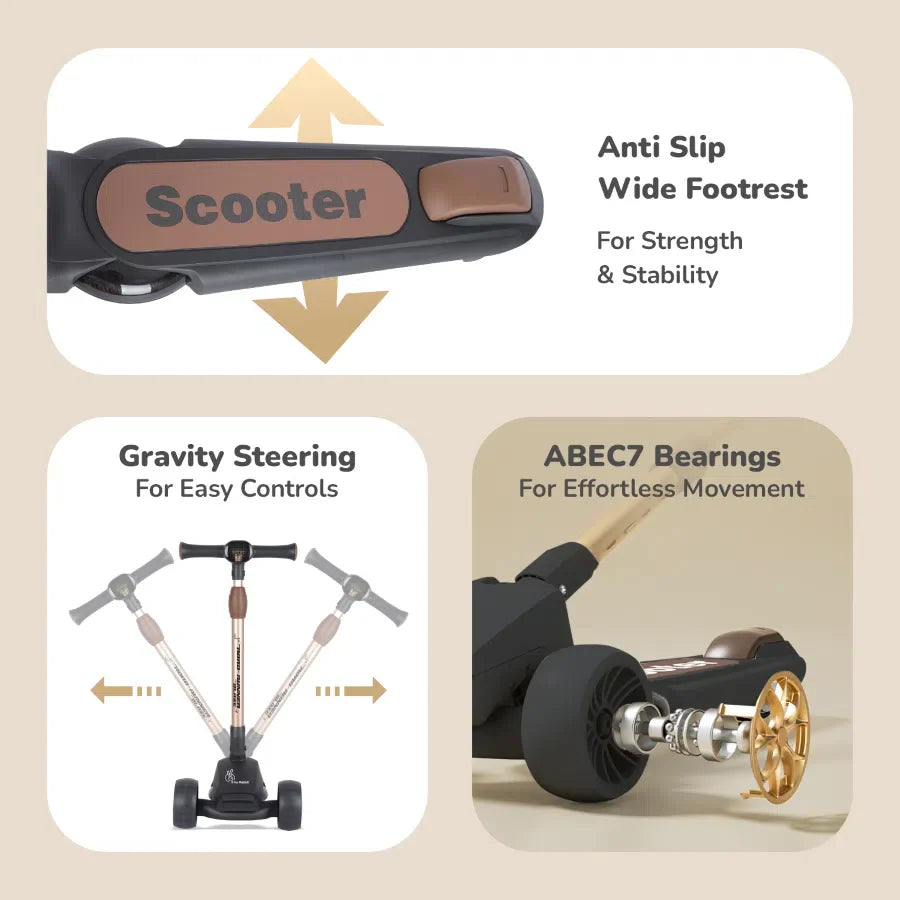 Road Runner Blaze Scooter For Kids With PU LED Wheels And LED lights - Black Gold