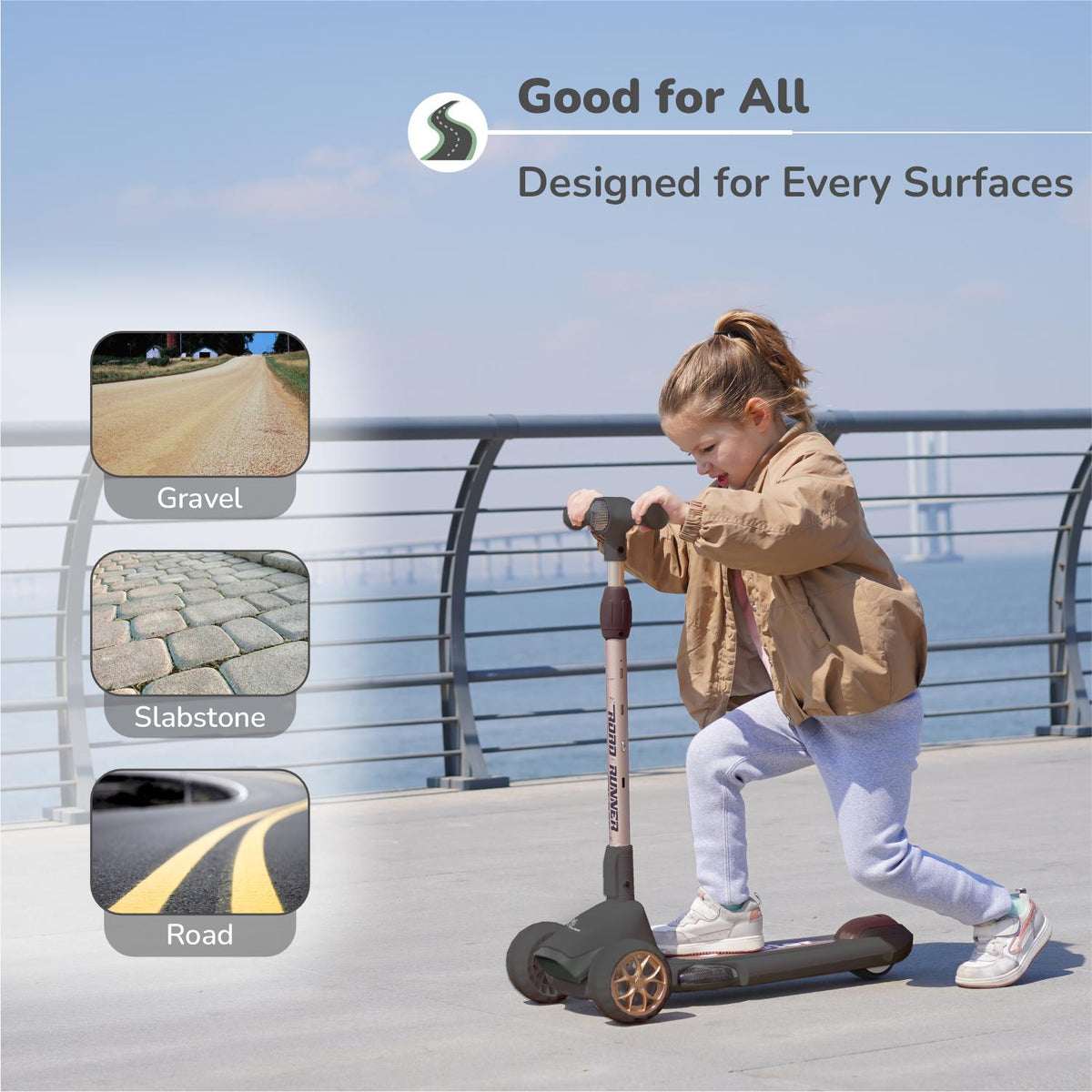Road Runner Blaze Scooter For Kids With PU LED Wheels And LED lights - Black Gold