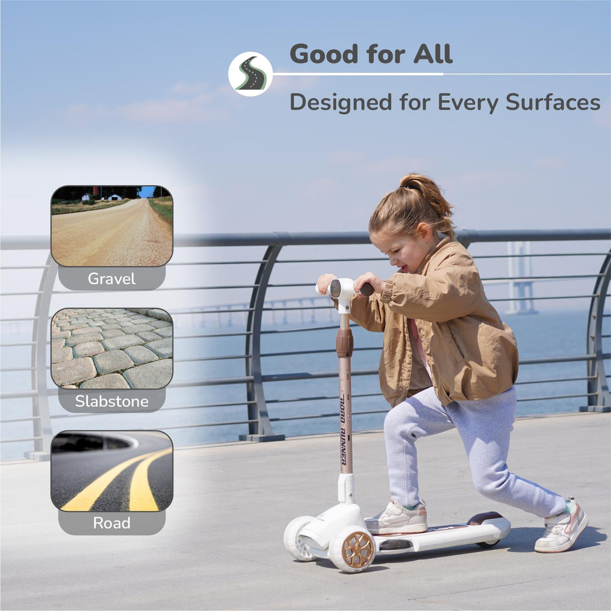 Road Runner Blaze Scooter For Kids With PU LED Wheels And LED lights - Cream Gold