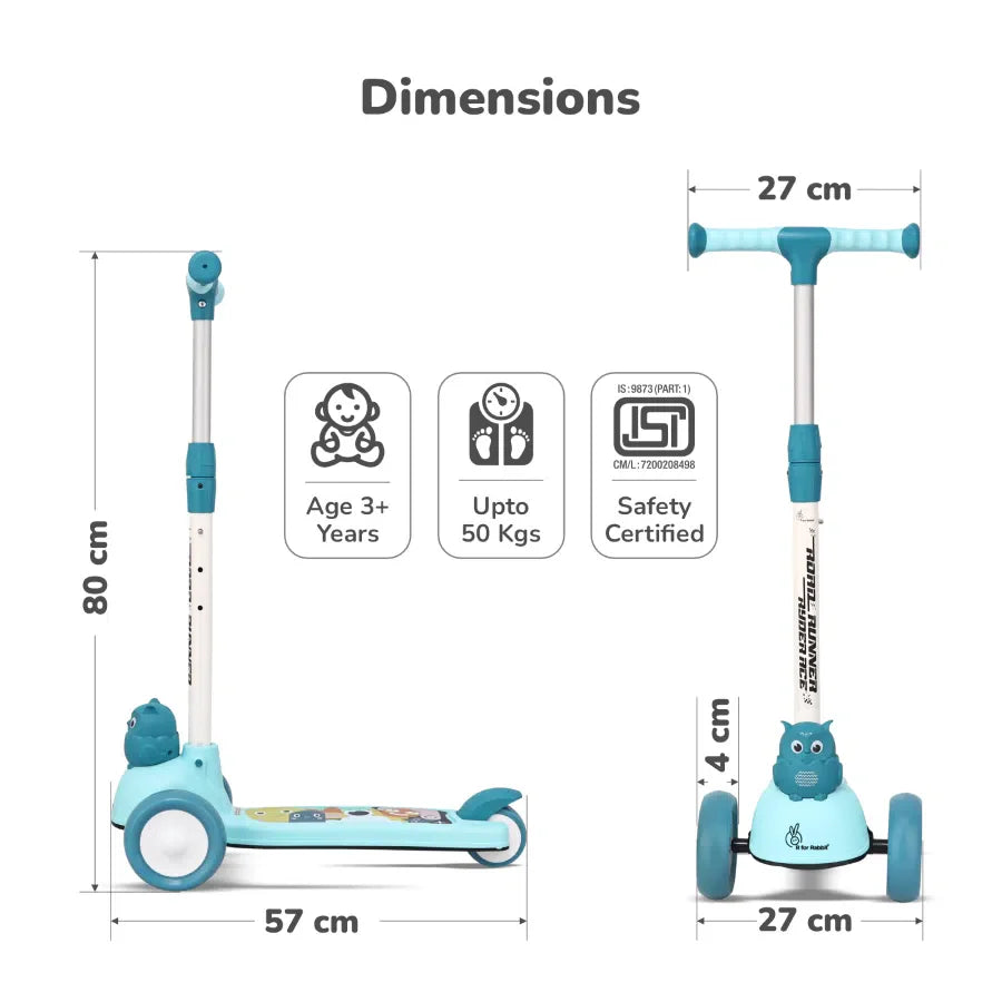 Road Runner Ryder Ace Kids Scooter with PU LED wheels & Multi-Level Height Adjustment - Lake Blue