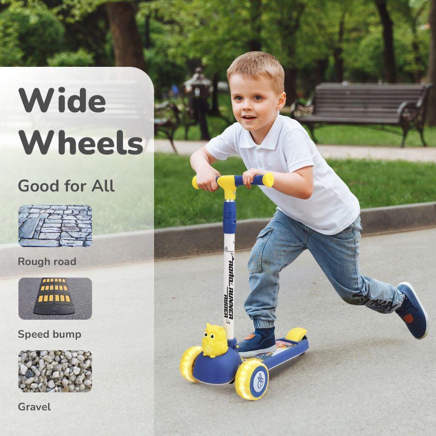 Road Runner Ryder Kids Scooter - PU LED wheels & Multi-Level Height Adjustment - Blue Yellow