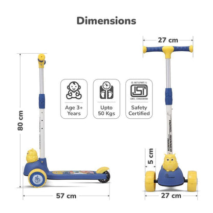 Road Runner Ryder Kids Scooter - PU LED wheels & Multi-Level Height Adjustment - Blue Yellow