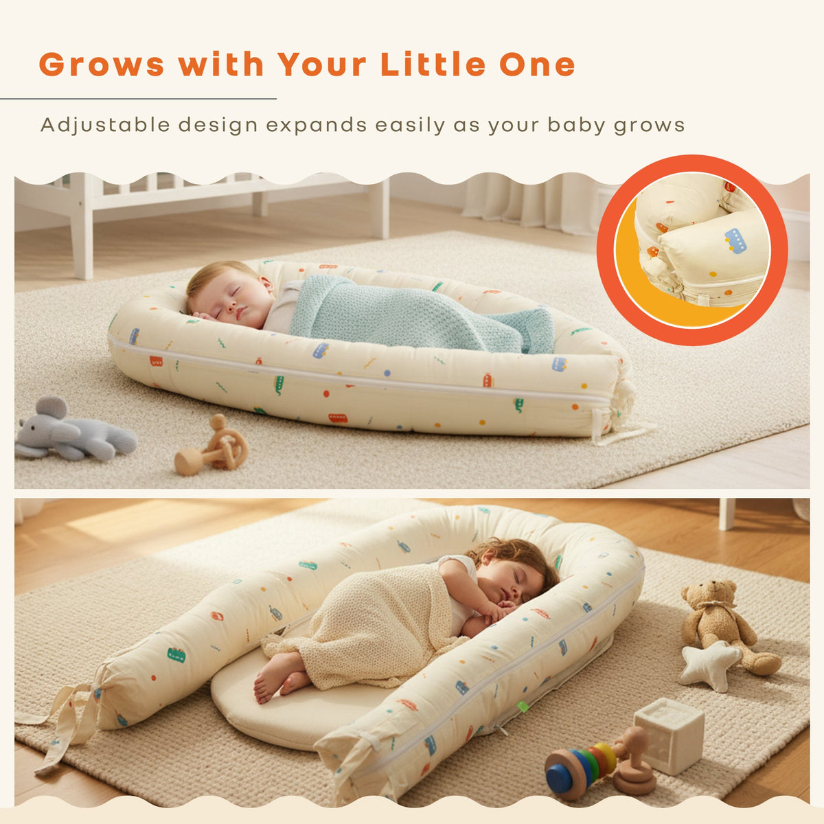 Snuggy Cuddles Newborn Baby Bed - Anti-Roll Baby Nest - 100% Cotton Breathable Lounger - Roadster Beige