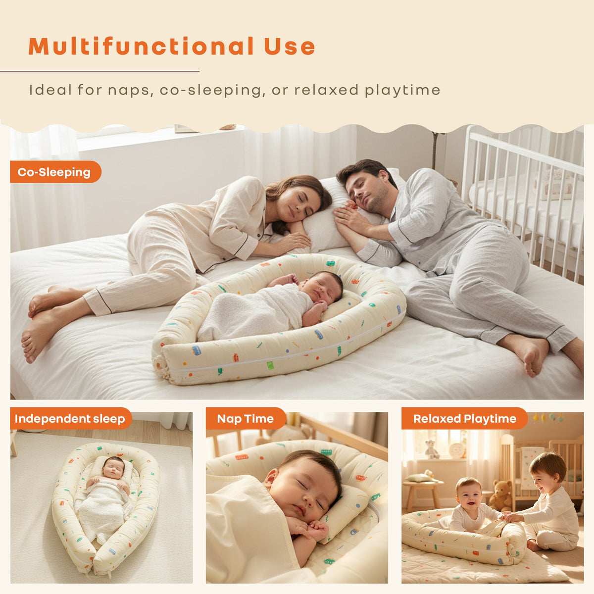 Snuggy Cuddles Newborn Baby Bed - Anti-Roll Baby Nest - 100% Cotton Breathable Lounger - Roadster Beige