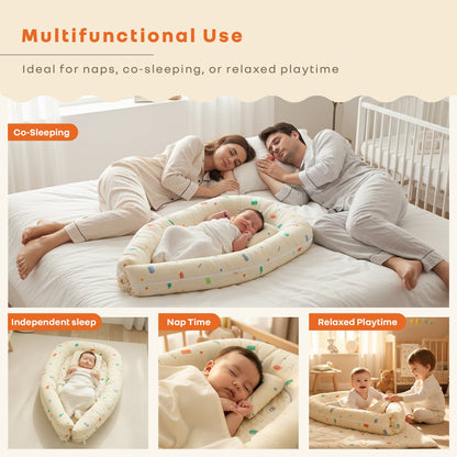 Snuggy Cuddles Newborn Baby Bed - Anti-Roll Baby Nest - 100% Cotton Breathable Lounger - Roadster Beige