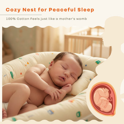 Snuggy Cuddles Newborn Baby Bed - Anti-Roll Baby Nest - 100% Cotton Breathable Lounger - Roadster Beige