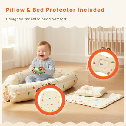 Snuggy Cuddles Newborn Baby Bed - Anti-Roll Baby Nest - 100% Cotton Breathable Lounger - Roadster Beige