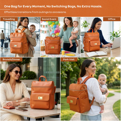 Caramello Bold Ivy Diaper Bag for Moms, Dual Carry Sling, Insulated Bottle Pockets With Premium Vegan Leather - Rust Orange