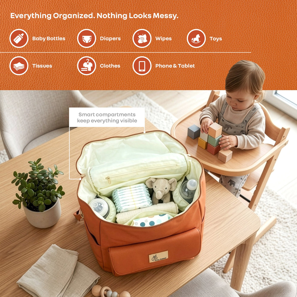 Caramello Bold Ivy Diaper Bag for Moms, Dual Carry Sling, Insulated Bottle Pockets With Premium Vegan Leather - Rust Orange