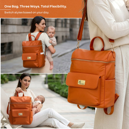 Caramello Bold Ivy Diaper Bag for Moms, Dual Carry Sling, Insulated Bottle Pockets With Premium Vegan Leather - Rust Orange
