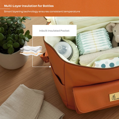 Caramello Bold Ivy Diaper Bag for Moms, Dual Carry Sling, Insulated Bottle Pockets With Premium Vegan Leather - Rust Orange