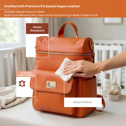 Caramello Bold Ivy Diaper Bag for Moms, Dual Carry Sling, Insulated Bottle Pockets With Premium Vegan Leather - Rust Orange