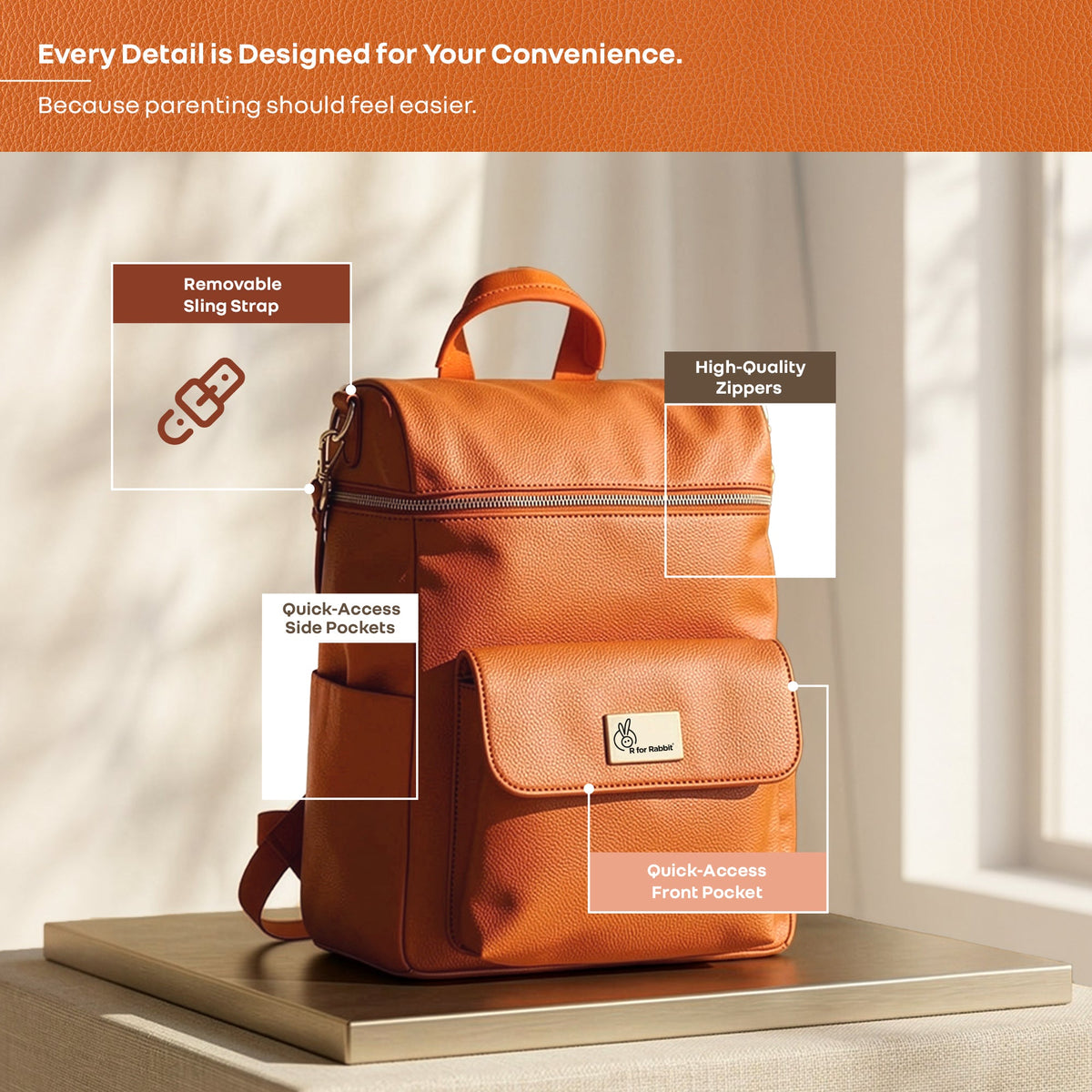 Caramello Bold Ivy Diaper Bag for Moms, Dual Carry Sling, Insulated Bottle Pockets With Premium Vegan Leather - Rust Orange