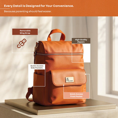 Caramello Bold Ivy Diaper Bag for Moms, Dual Carry Sling, Insulated Bottle Pockets With Premium Vegan Leather - Rust Orange