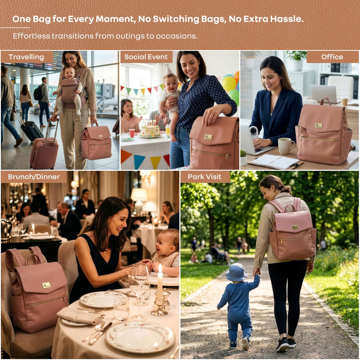 Caramello Bold Arise Diaper Bag, Premium Vegan Leather, 22L Multi-Compartment Laptop Friendly Bag - Sand Brown
