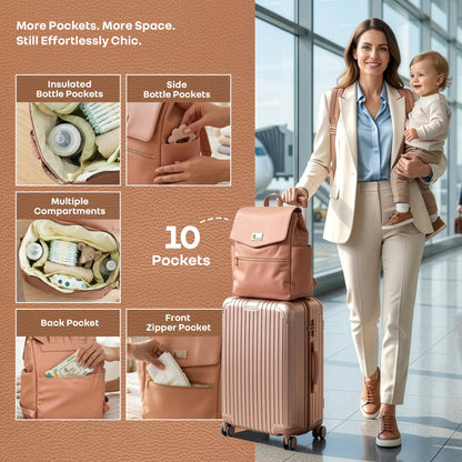 Caramello Bold Arise Diaper Bag, Premium Vegan Leather, 22L Multi-Compartment Laptop Friendly Bag - Sand Brown