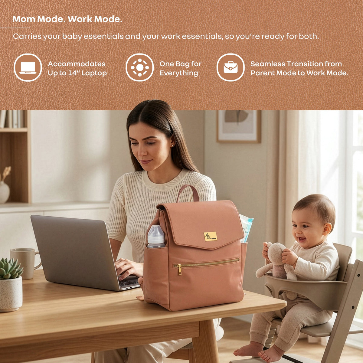 Caramello Bold Arise Diaper Bag, Premium Vegan Leather, 22L Multi-Compartment Laptop Friendly Bag - Sand Brown