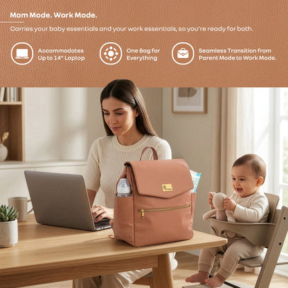 Caramello Bold Arise Diaper Bag, Premium Vegan Leather, 22L Multi-Compartment Laptop Friendly Bag - Sand Brown