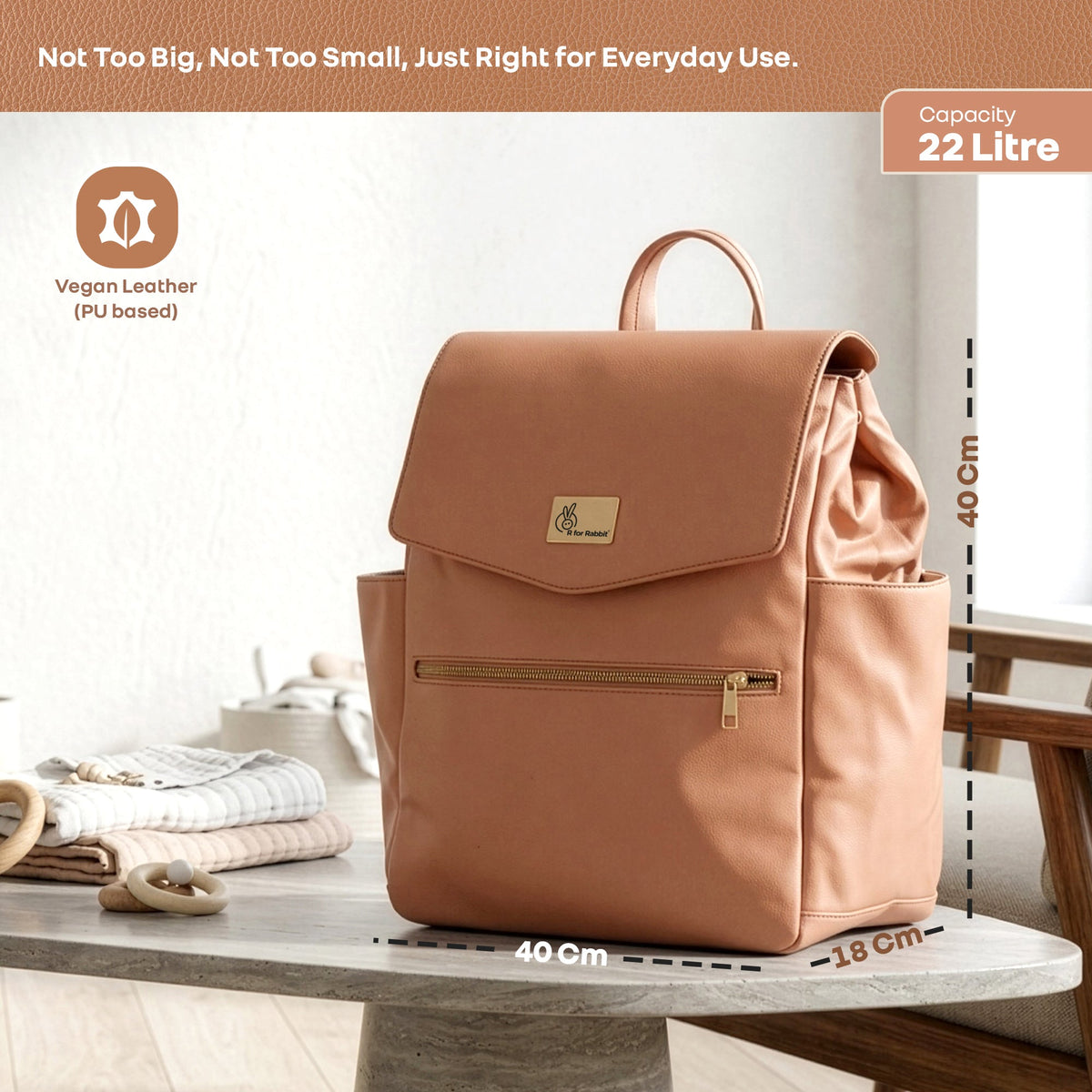 Caramello Bold Arise Diaper Bag, Premium Vegan Leather, 22L Multi-Compartment Laptop Friendly Bag - Sand Brown