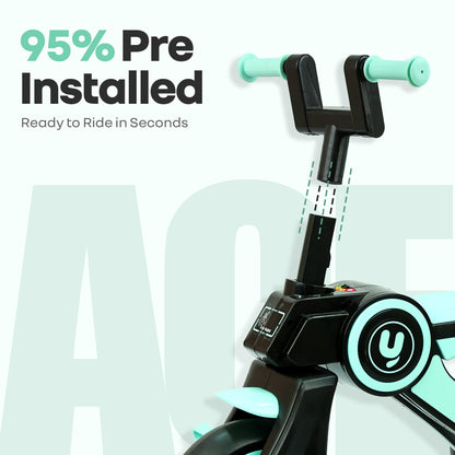Tiny Toes Y Ace Kids Tricycle for 2–5 Years – BIS Certified Baby Tricycle with Sturdy Frame, Anti-Slip Handlebars, Wide Comfortable Seat & Smooth Wheels for Safe & Fun Riding (Upto 25 kg) - Sea Green Black