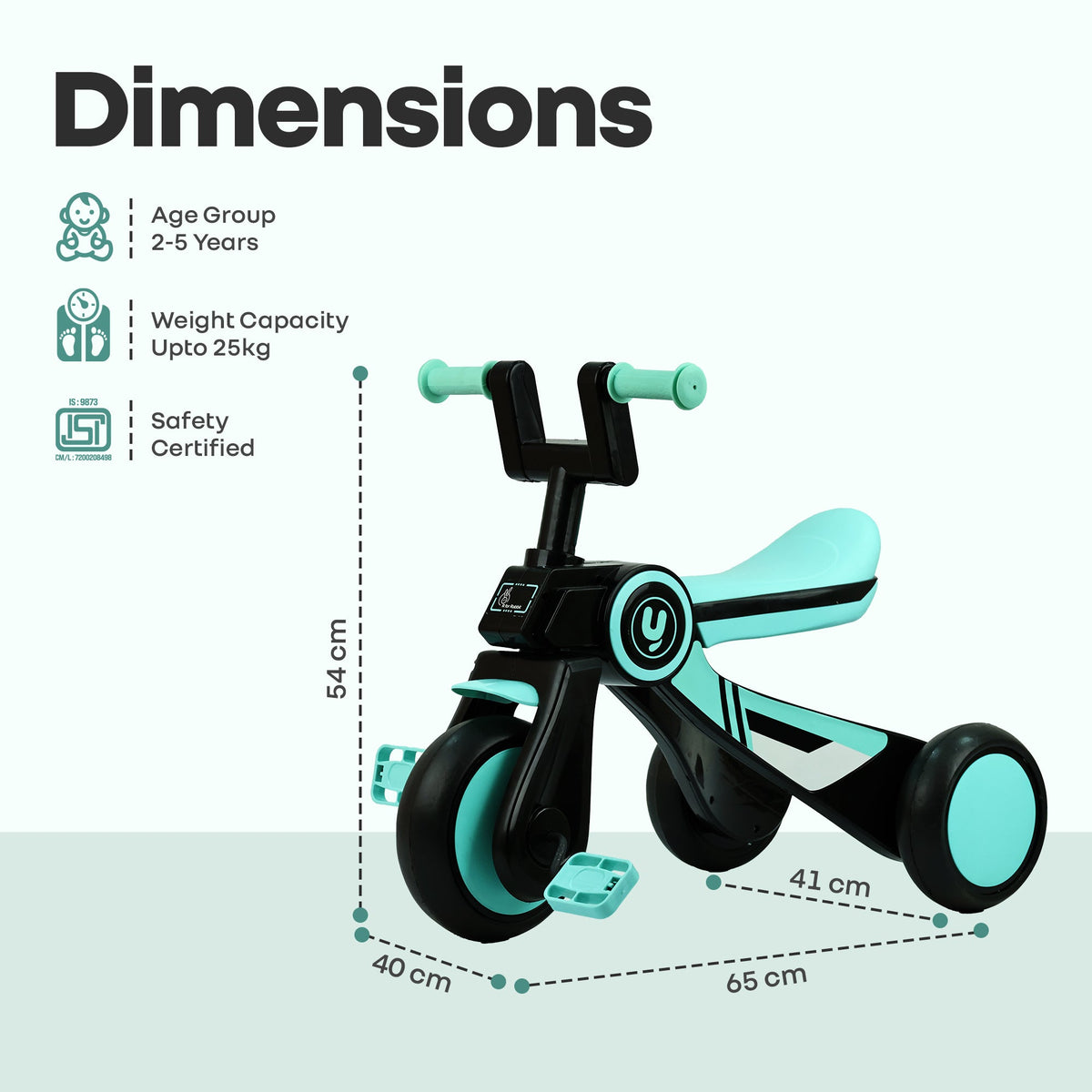 Tiny Toes Y Ace Kids Tricycle for 2–5 Years – BIS Certified Baby Tricycle with Sturdy Frame, Anti-Slip Handlebars, Wide Comfortable Seat & Smooth Wheels for Safe & Fun Riding (Upto 25 kg) - Sea Green Black