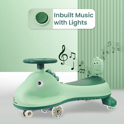 Iya Iya Dino Swing Car For Kids - Inbuilt Music With Light, PU LED Wheels, ABEC 7 Bearing, Up to 100 Kgs Capacity - Sea Green