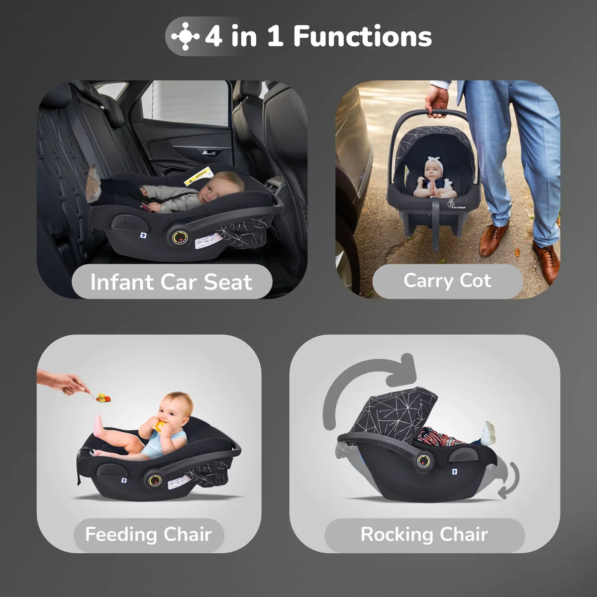 Picaboo NXG 4 In 1 Multipurpose Baby Carry Cot With 3-Point Safety Harness - Silver Black