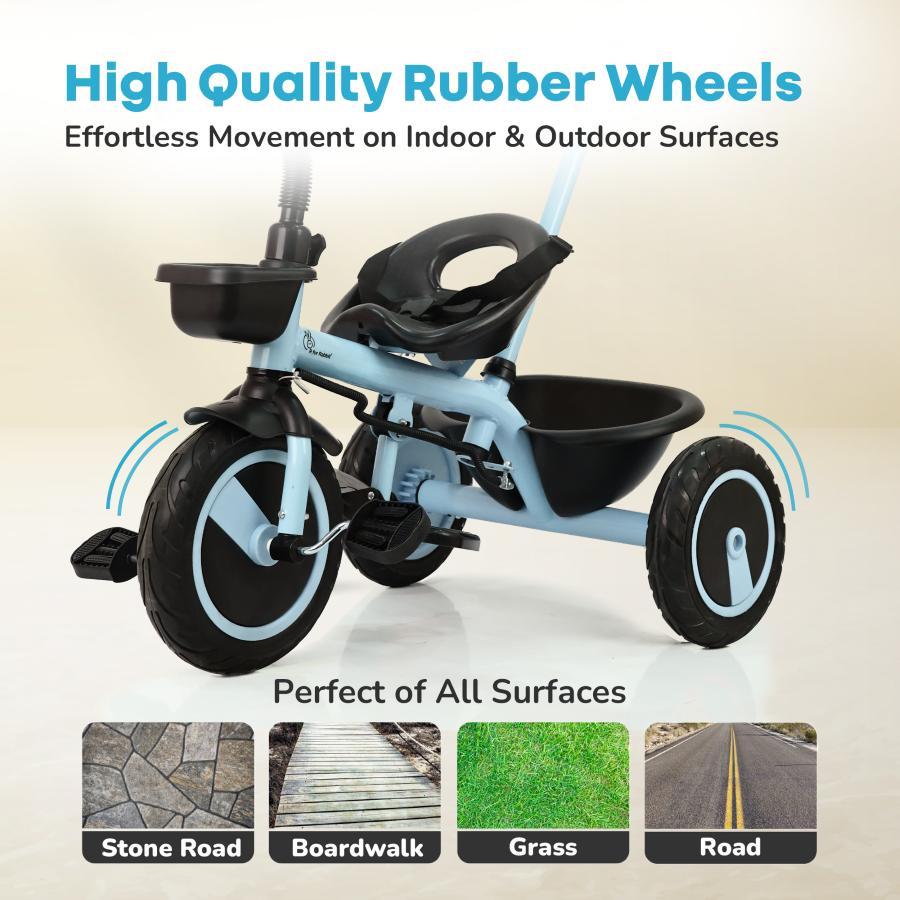 Tiny Toes R20 Plus Tricycle for Kids with Safety Certification, Plug-and-Play Design, Rubber Wheels & Steel Frame - Sky Blue