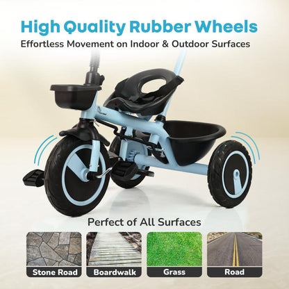 Tiny Toes R20 Plus Tricycle for Kids with Safety Certification, Plug-and-Play Design, Rubber Wheels & Steel Frame - Sky Blue